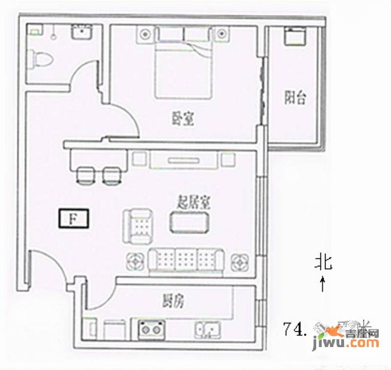 翡翠里1室1厅1卫74.7㎡户型图