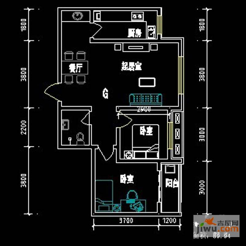 翡翠里2室2厅1卫89.9㎡户型图