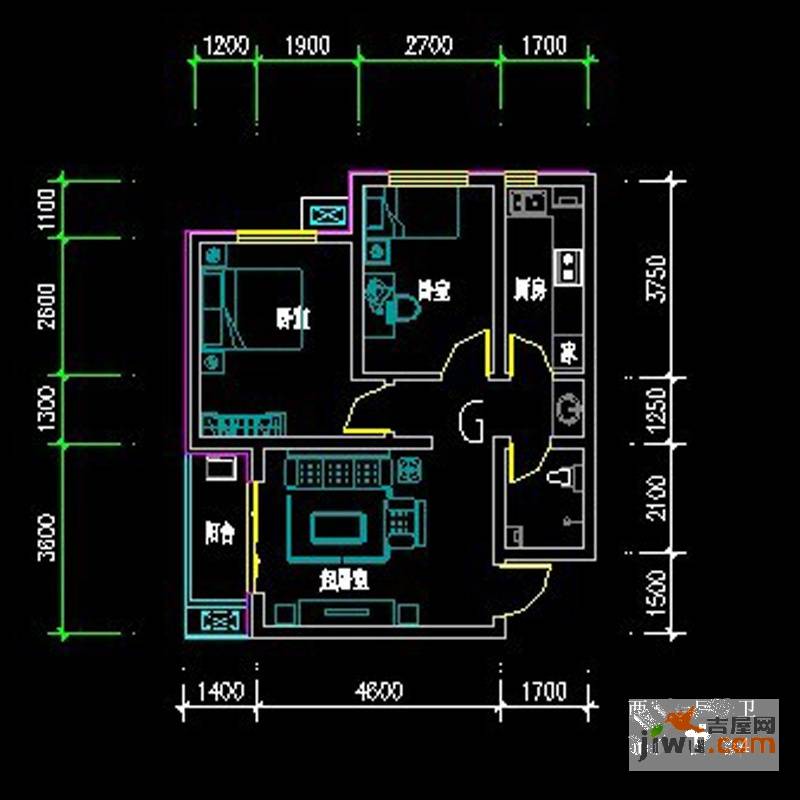 翡翠里2室1厅1卫77.3㎡户型图