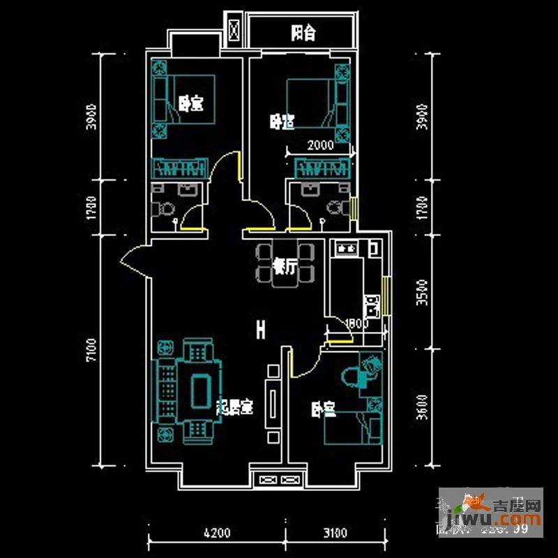 翡翠里3室2厅2卫127㎡户型图