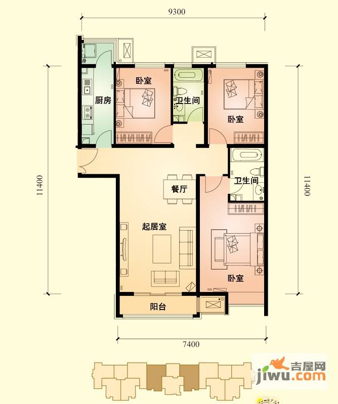 中景盛世长安3室2厅2卫120㎡户型图