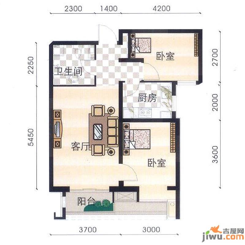 安联青年城2室1厅1卫76.3㎡户型图