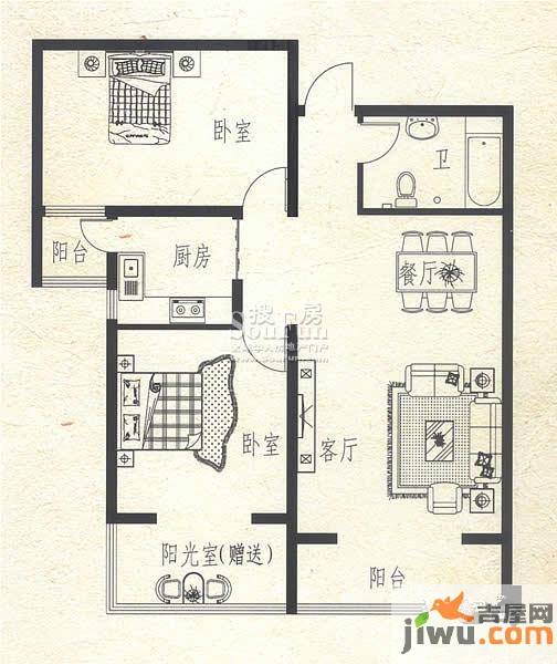 金正缔景城2室2厅1卫89㎡户型图