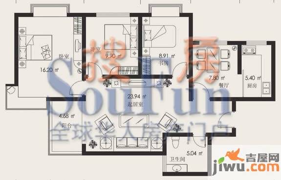 金正缔景城3室2厅1卫99.5㎡户型图