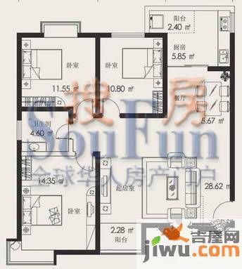 金正缔景城3室2厅1卫104㎡户型图