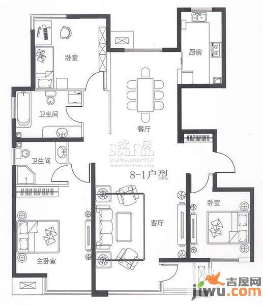 荣盛阿尔卡迪亚3室2厅1卫140㎡户型图