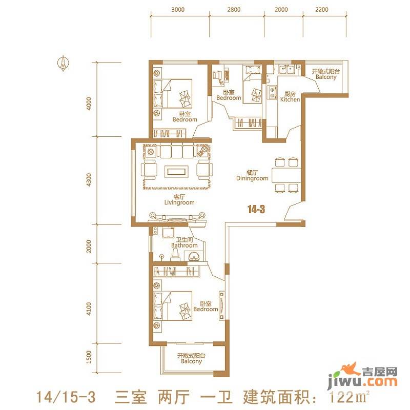 荣盛阿尔卡迪亚3室2厅1卫122㎡户型图