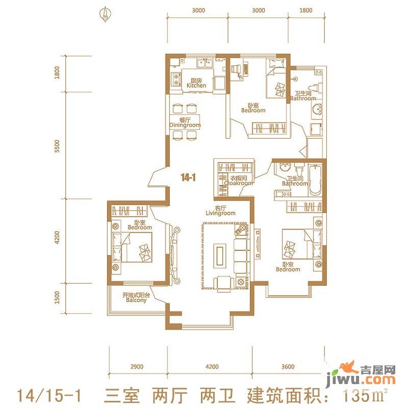 荣盛阿尔卡迪亚3室2厅2卫135㎡户型图