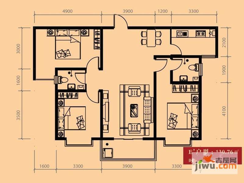 旭丰惬意空间3室2厅2卫130.8㎡户型图