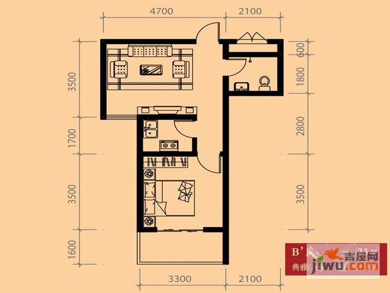 旭丰惬意空间1室1厅1卫56.2㎡户型图