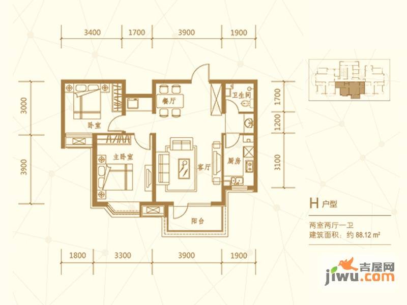 建投福美国际2室2厅1卫88.1㎡户型图