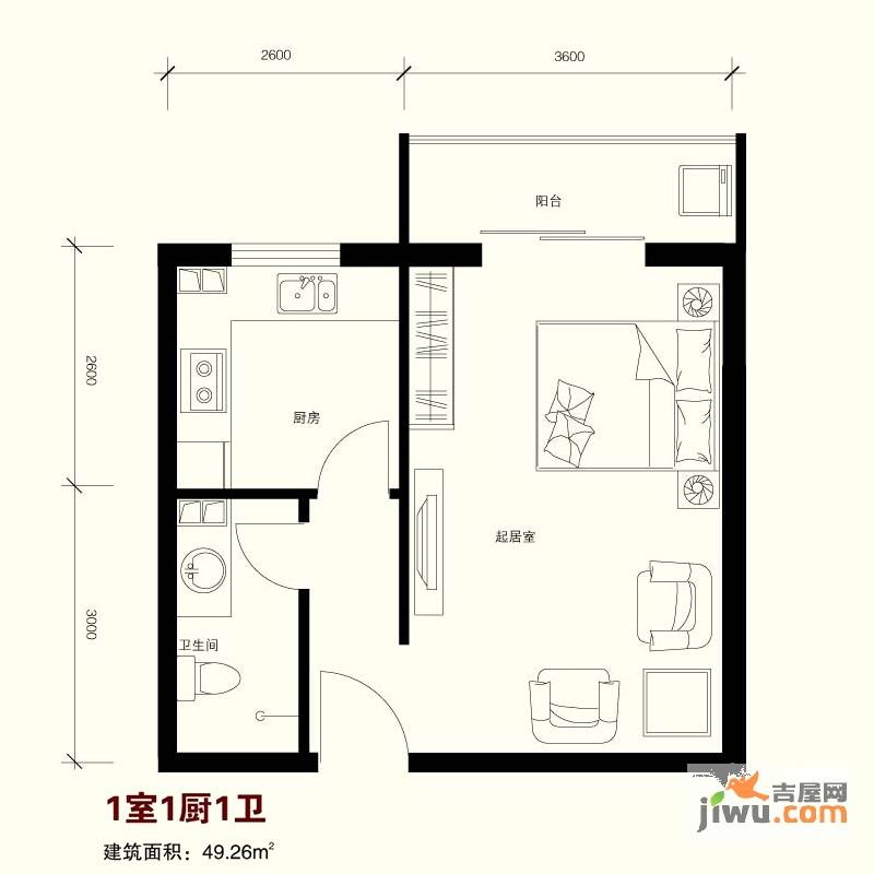 卓达星辰花园1室1厅1卫49.3㎡户型图