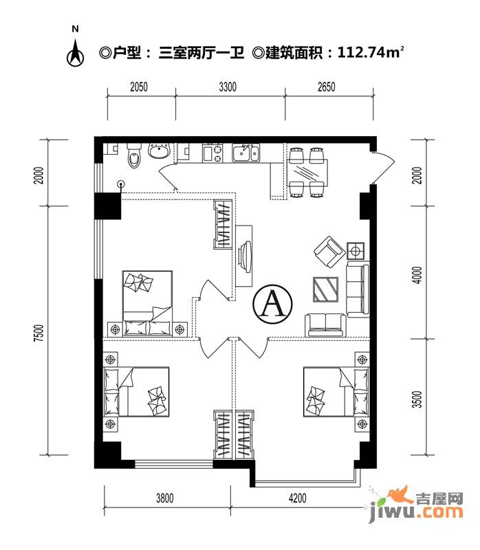 SOHO前程3室2厅1卫112.7㎡户型图