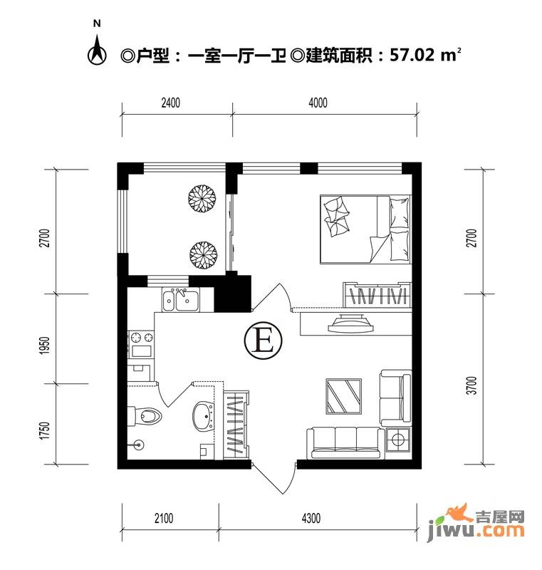 SOHO前程1室1厅1卫57㎡户型图