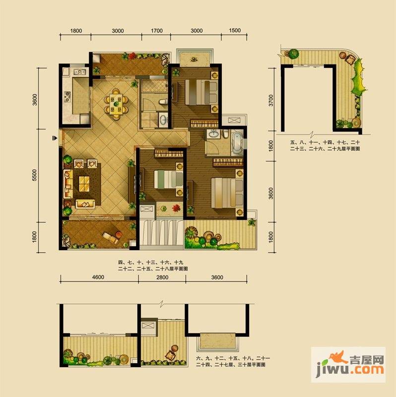 世联华府3室2厅2卫123㎡户型图