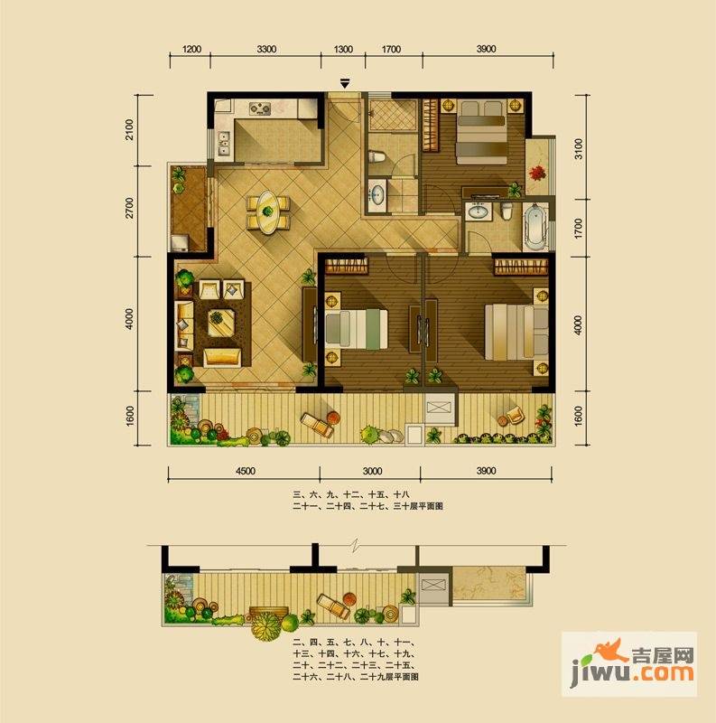 世联华府3室2厅2卫125㎡户型图