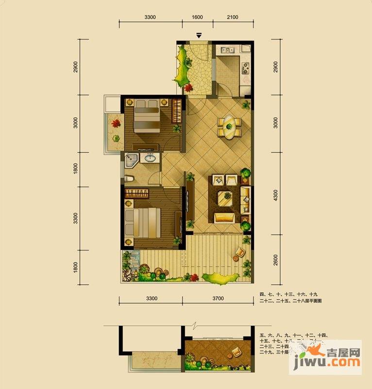 世联华府2室2厅1卫82㎡户型图