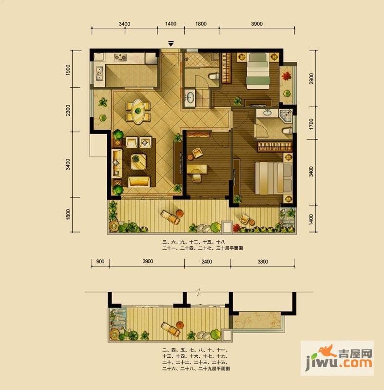 世联华府3室2厅2卫102㎡户型图