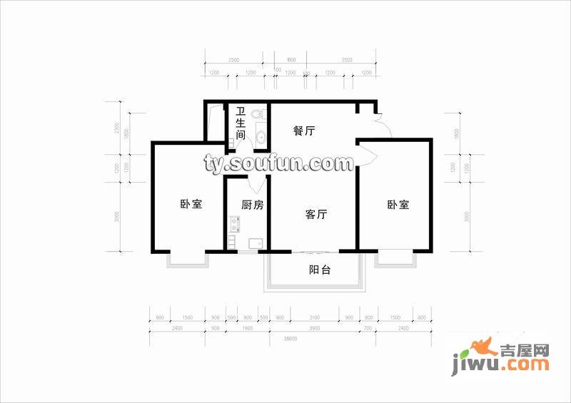 祥和名邸2室2厅1卫95.6㎡户型图