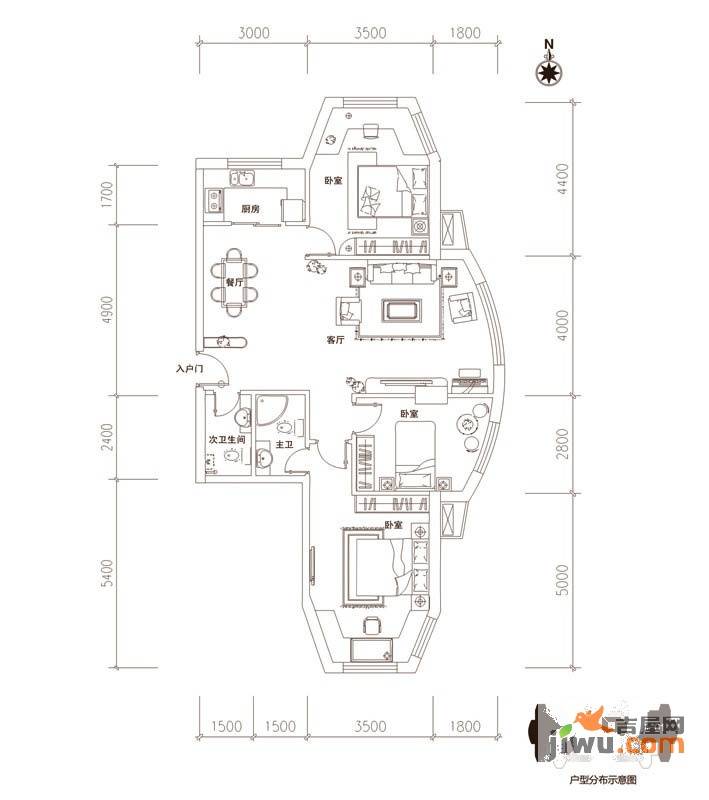 海唐居业100城3室2厅2卫73.3㎡户型图