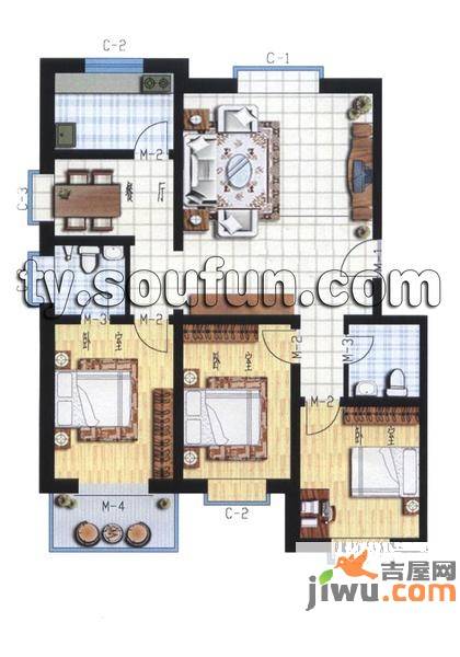 源香小镇3室2厅1卫123.8㎡户型图