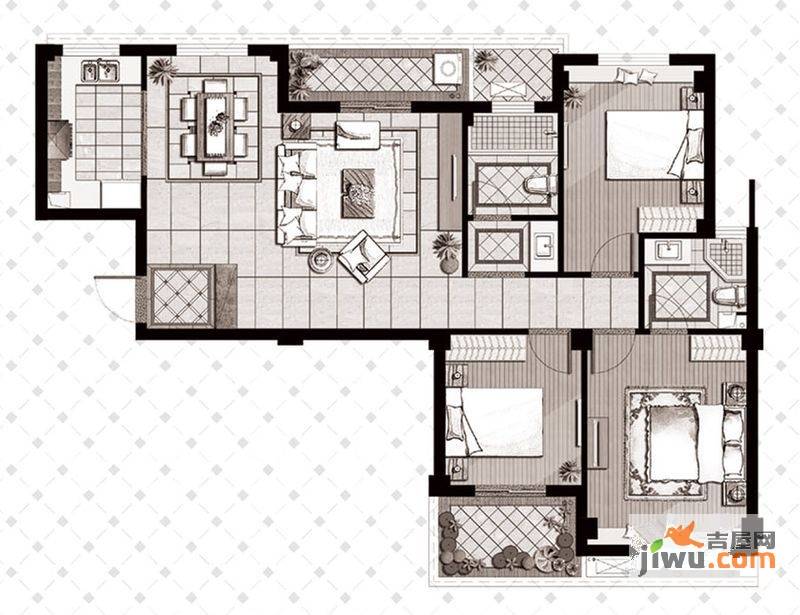 城市空间3室2厅2卫129㎡户型图
