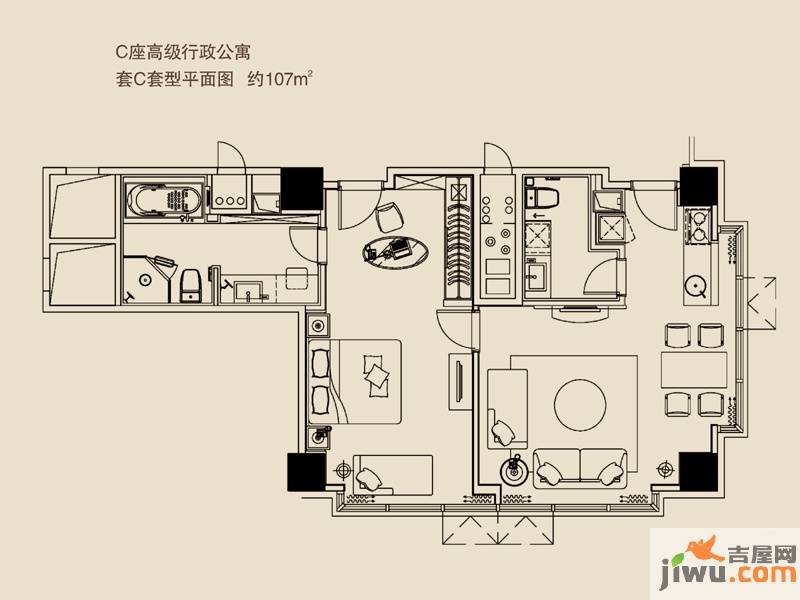 环球中心1室2厅1卫107㎡户型图