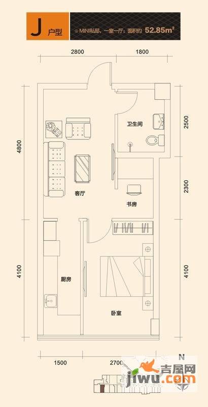 GTTower西安国际人才大厦1室1厅1卫52.9㎡户型图