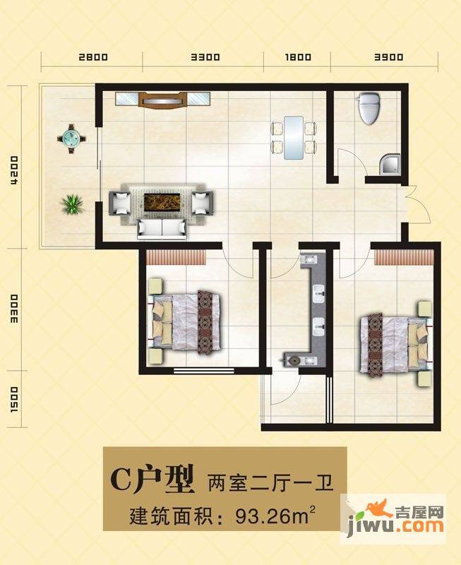 山水华城2室2厅1卫93.3㎡户型图