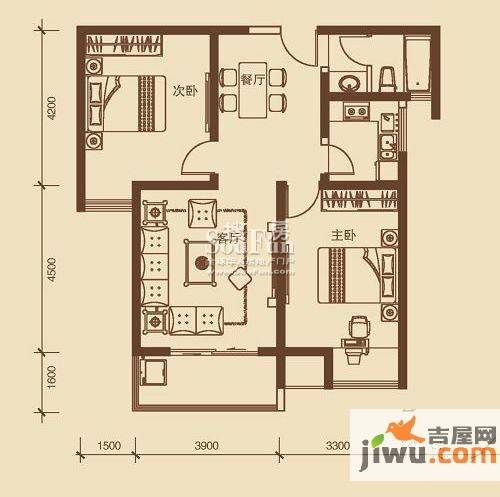 江林新城2室2厅1卫96.1㎡户型图