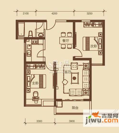 江林新城2室2厅1卫97.5㎡户型图