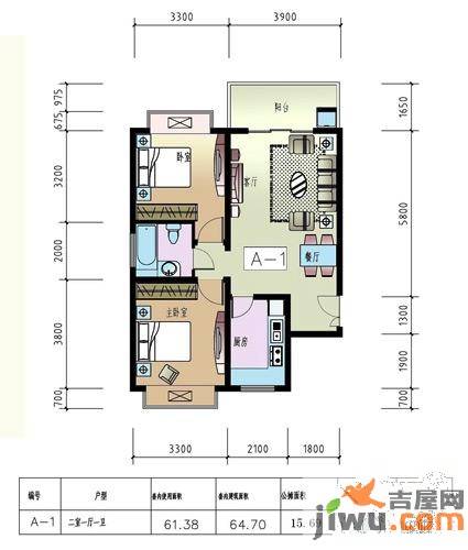 聚安盛都2室1厅1卫87㎡户型图