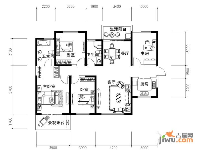 龙湖紫都城4室2厅2卫147.2㎡户型图