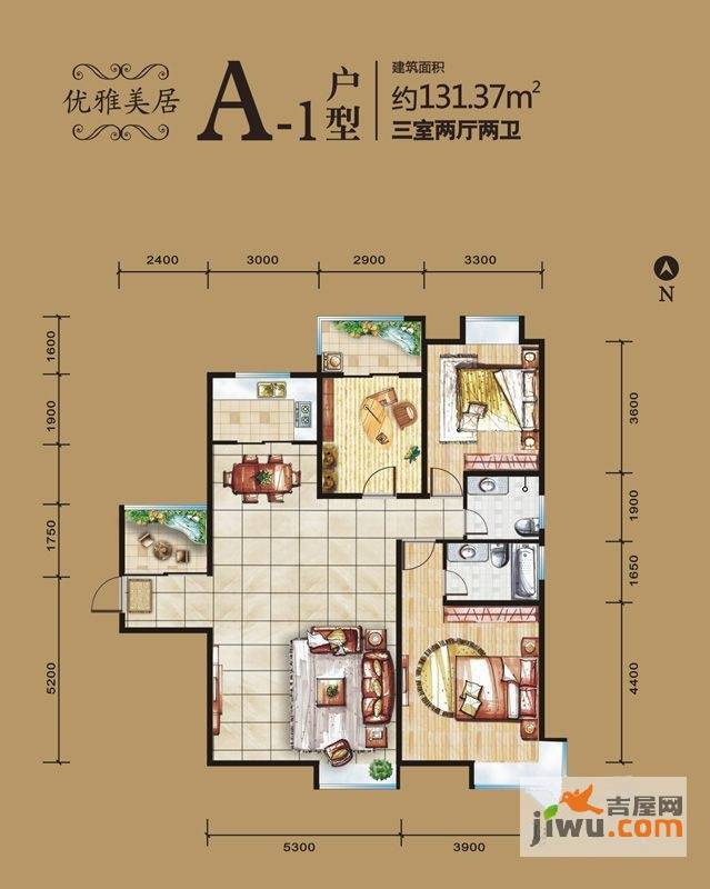 朱雀锦园3室2厅2卫131.4㎡户型图