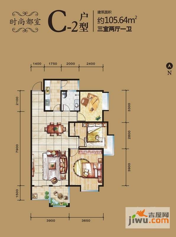 朱雀锦园3室2厅1卫105.6㎡户型图