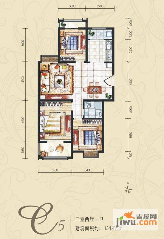 新一代北城国际3室2厅1卫134.4㎡户型图