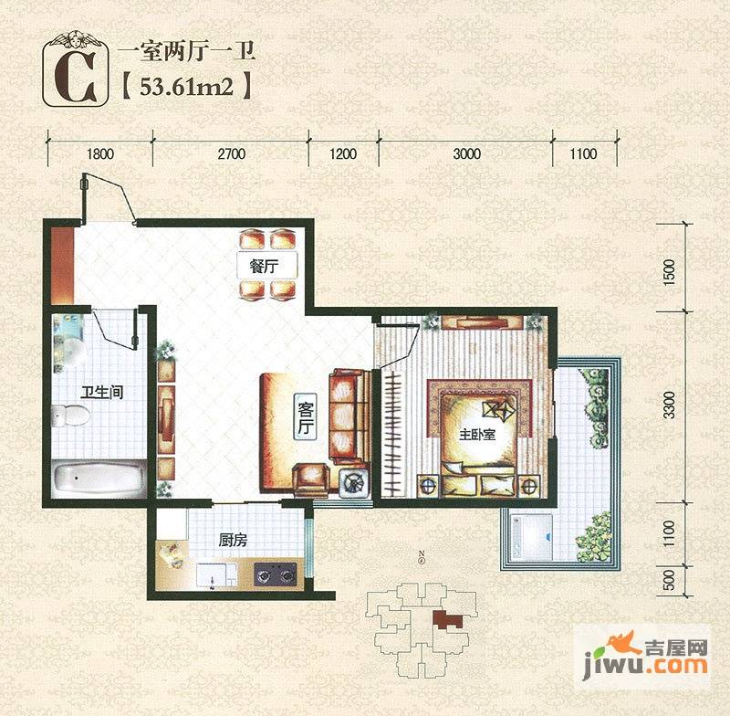 锦嶺公寓1室2厅1卫53.6㎡户型图