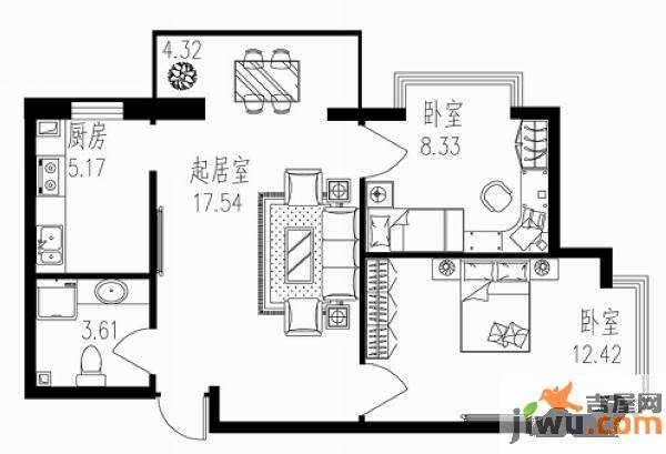 学府青年城2室1厅1卫47.1㎡户型图