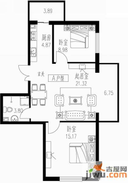 学府青年城2室1厅1卫47.1㎡户型图