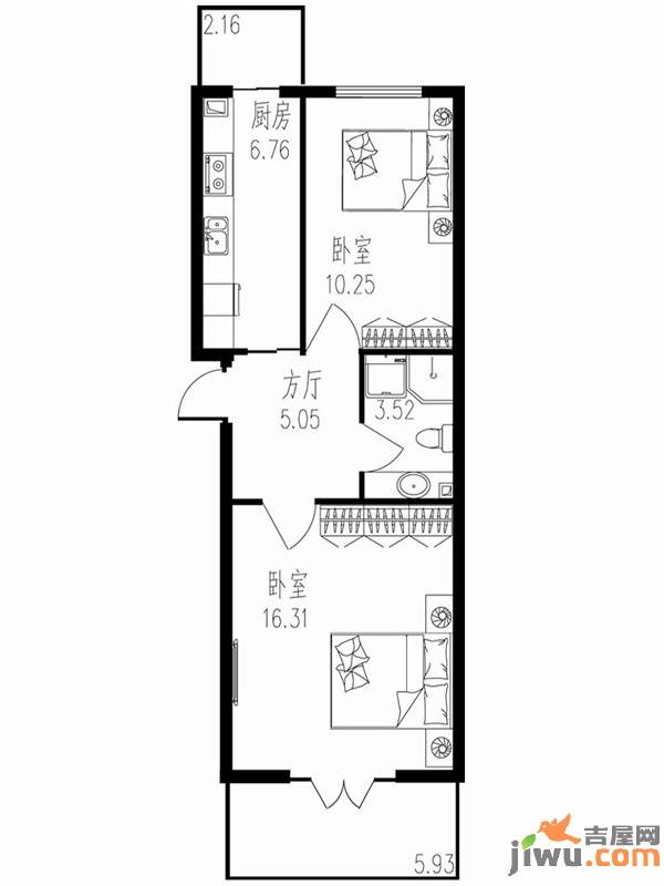 学府青年城2室1厅1卫47.1㎡户型图