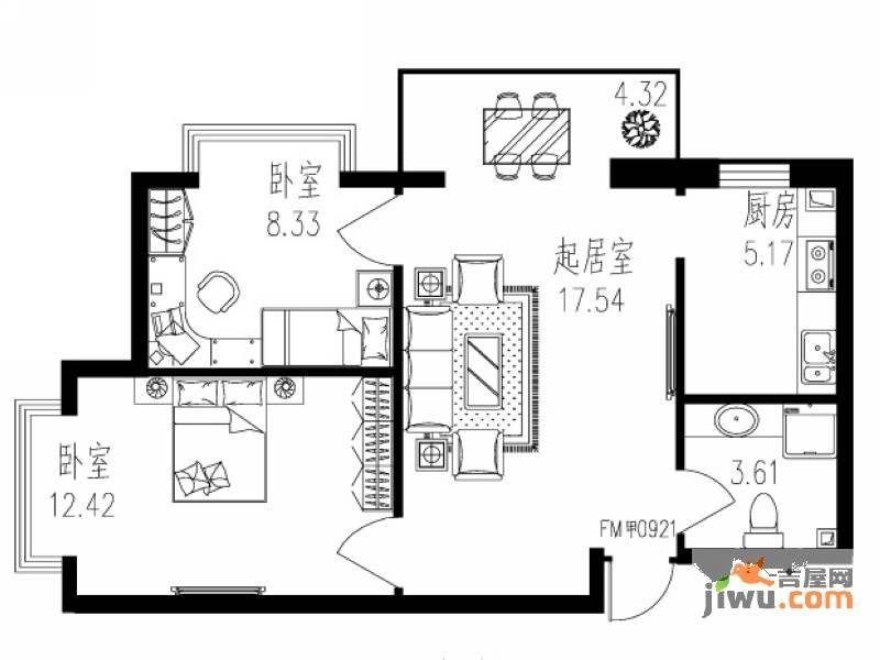 学府青年城2室1厅1卫47.1㎡户型图