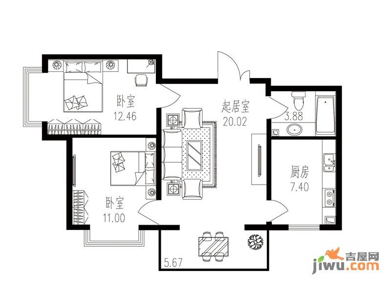 学府青年城2室1厅1卫47.1㎡户型图