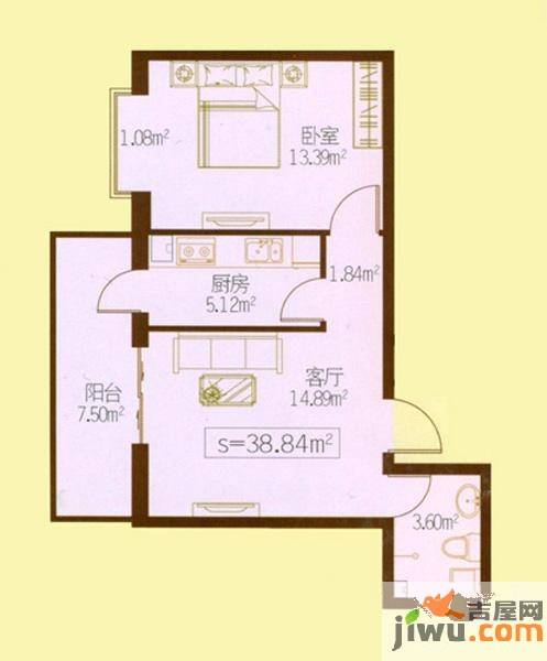 民生国际1室1厅1卫38.8㎡户型图