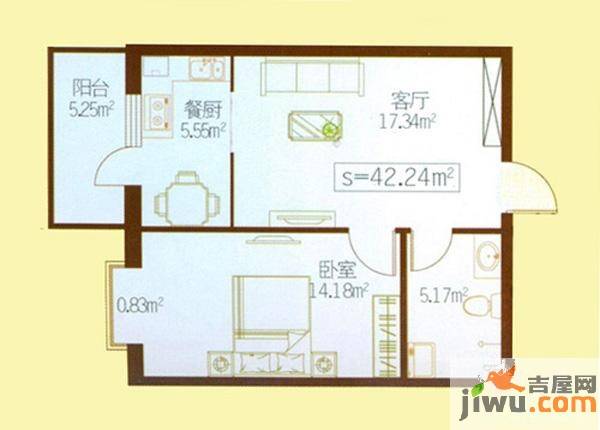 民生国际1室1厅1卫42.2㎡户型图