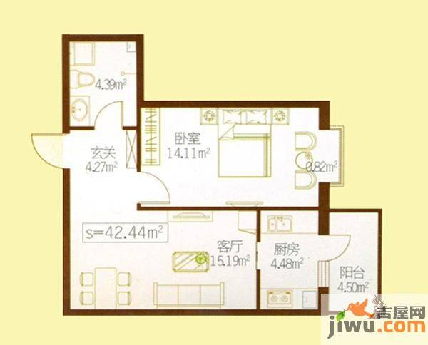 民生国际1室1厅1卫42.4㎡户型图