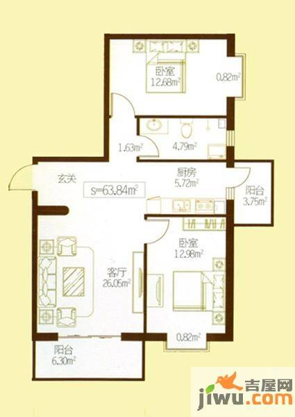 民生国际2室1厅1卫63.8㎡户型图