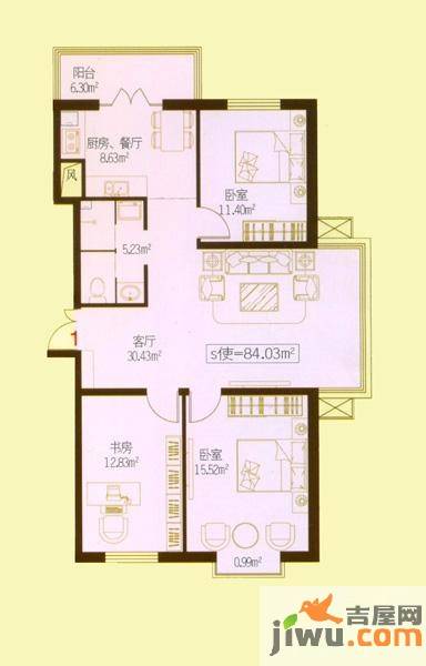 民生国际3室1厅1卫84㎡户型图