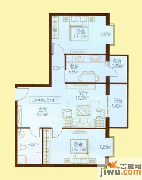 民生国际2室1厅1卫65.7㎡户型图