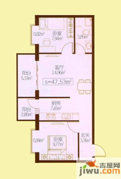 民生国际2室1厅1卫47.5㎡户型图