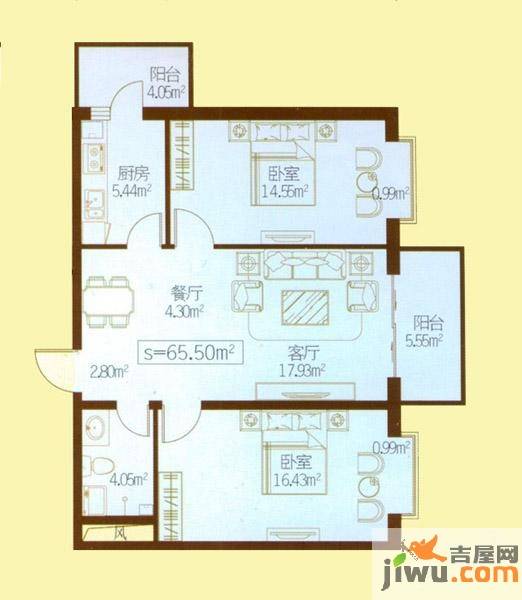 民生国际2室2厅1卫65.5㎡户型图